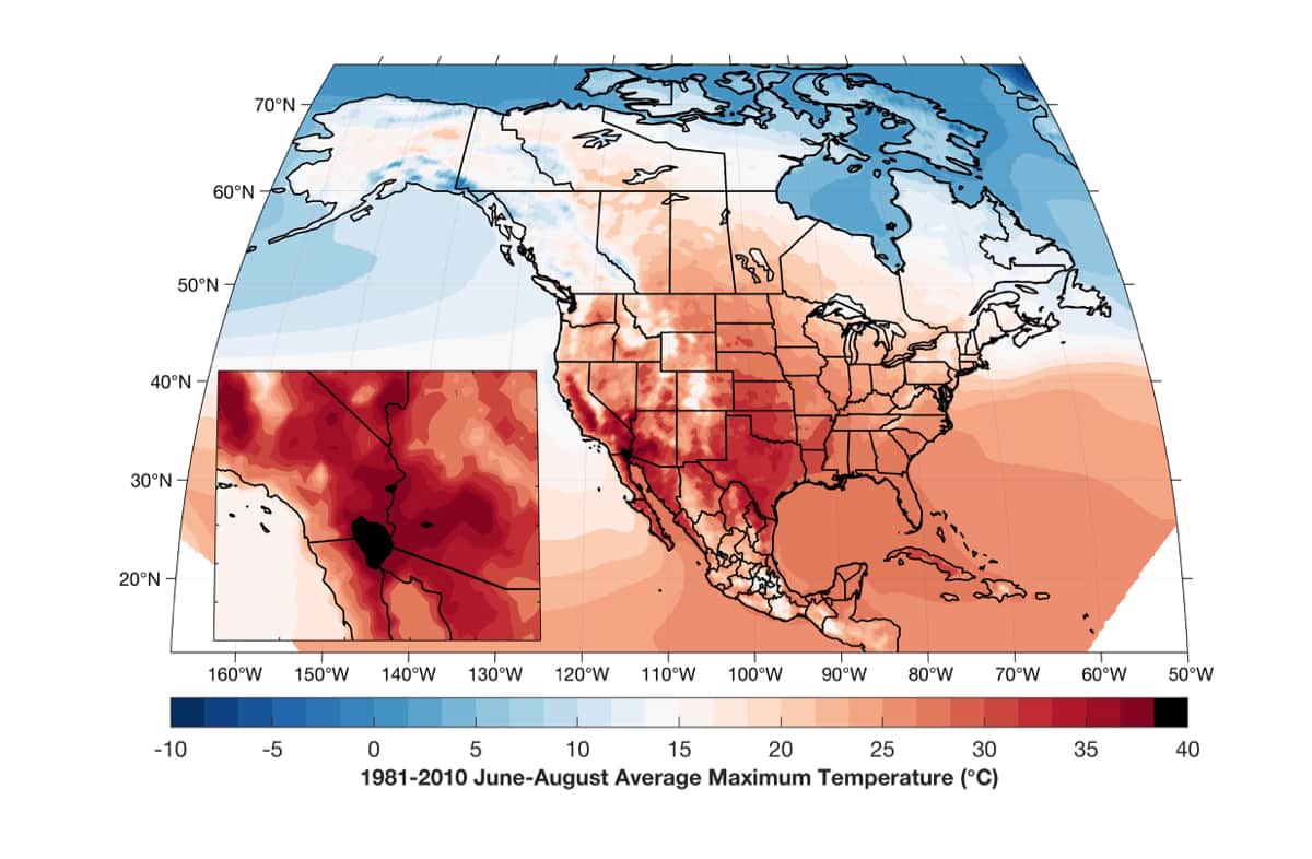 Average maximum summer temperatures across North America, 1981–2010